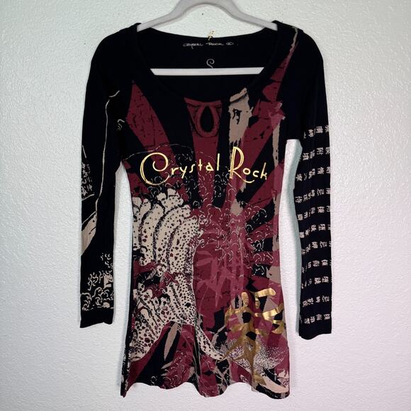 Christian Audigier Crystal Rock Shirt Womens Small Y2K Tuni Tsunami Rhinestone - Picture 1 of 12